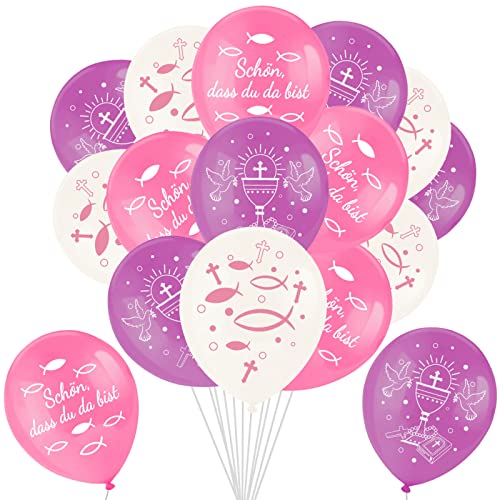 DPKOW 24pcs Rosa Kommunion Konfirmation Luftballons Deko für Mädchen, Schön DASS Du da Bist Luftballons für Mädchen Erstkommunion Firmung Taufe Deko, mit Fische Taube Kelch Bibel Kreuz Muster von DPKOW