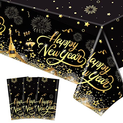 DPKOW 3 Stück Neujahr Tischdecken Tischtuch Kunststoff Einweg Schwarz Gold Tischdecken Neujahrsbanner für Frohes neues Jahr Dekorationen,NYE 2024 Dekoration,130 x 274 cm von DPKOW