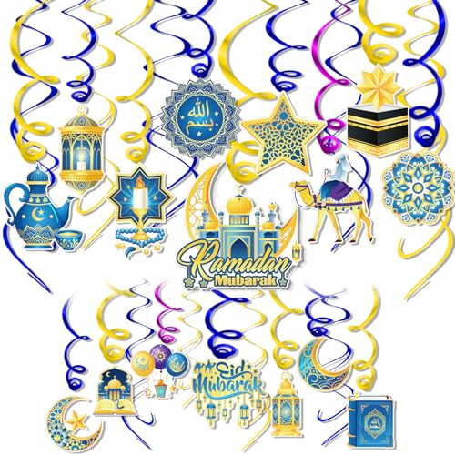 DPKOW 30Stk Ramadan Mubarak Hängedeko, Mond Stern Moschee Folien Aufhängen Spiral für Ramadan Deckendeko, Eid Mubarak Hängende Spiral Deko für Eid Hängedeko von DPKOW