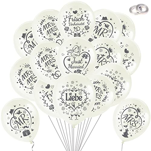 DPKOW 32pcs Weiß Hochzeit Luftballons für Vintage Hochzeit Dekorationen, Liebe Latexballon MR und MRS Ballons Just Married Frisch Verheiratet Luftballons für Hochzeitsbogen Auto Hochzeitsdeko Girlande von DPKOW