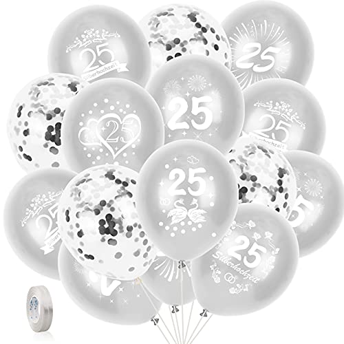 DPKOW 35pcs 25. Hochzeitstag Luftballons für Silberhochzeit Deko, Silber 25. Silberhochzeit Latexballons und Silber Konfetti Luftballons, 25 Jubiläum Silber Hochzeitstag Deko Zubehör, 6 Design von DPKOW