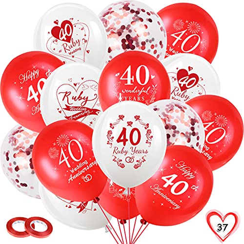 DPKOW 35pcs 40. Hochzeitstag Luftballons für Rubinhochzeit Dekorationen, Weiß Rot 40 Jubiläum Latexballons, Rot Konfetti Luftballons, 40. Hochzeitstag Deko für Paar Eltern von DPKOW