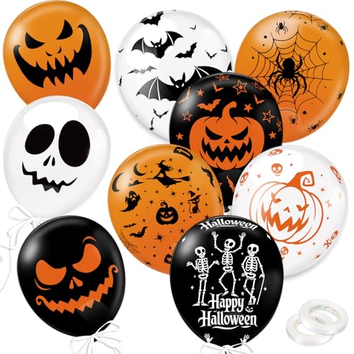 DPKOW 54 Stück Halloween Luftballons, Kürbis Geist Spinnennetz, Totenkopf Latex Luftballons für Gruselig Halloween Deko, 9 Stile doppelseitiger Druckballon, Schwarz Orange Weiß von DPKOW