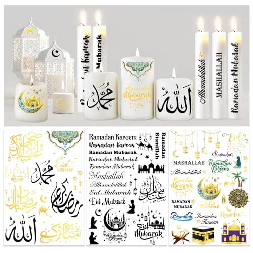 DPKOW 6 Blatt Eid Kerzentattoos Ramadan Deko Eid Ramadan Wasserschiebefolie Kerzen Ramadan Tischdeko Eid Mubarak Kerzensticker Mashallah Bismillah Alhamdulillah Kerzen Tattoo DIY Eid Ramadan Geschenke von DPKOW