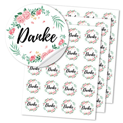 DPKOW 60 Danke Aufkleber mit Blumenmotiv, Rund Hochzeit Danke Sticker Deko für Geschenk Verpackung Etiketten Anhänger, Handgefertigte Karten Umschläge Danke Aufkleber für Taufe Kommunion Geburtstag von DPKOW