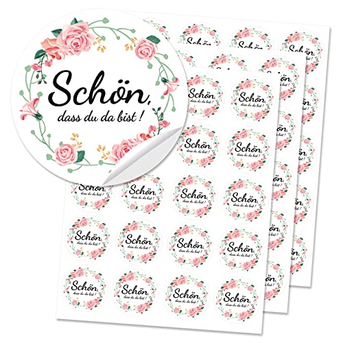 DPKOW 60 Schön, DASS du da bist Aufkleber Hochzeit, Rund Sticker für Taufe Kommunion Hochzeit Deko Gastgeschenk, Geburtstag Taufe Aufkleber Deko für Geschenkanhänger Karten Danke, mit Elegant Blumen von DPKOW