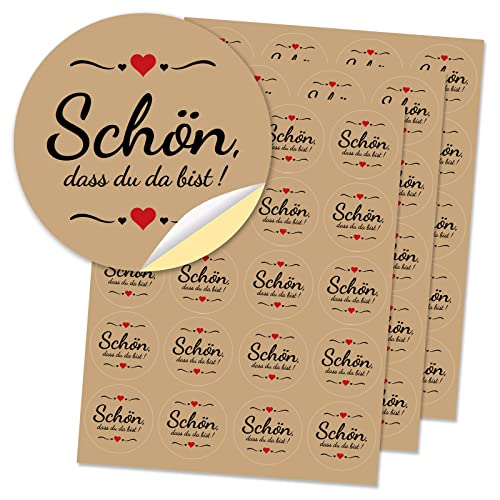 DPKOW 60 Schön, DASS du da bist Aufkleber mit Herz, Rund Begrüßung Gastgeschenk Sticker für Geburtstag Taufe Konfirmation, Tischkarte Geschenkaufkleber für Hochzeit Babyparty Geschenkverpackung Danke von DPKOW