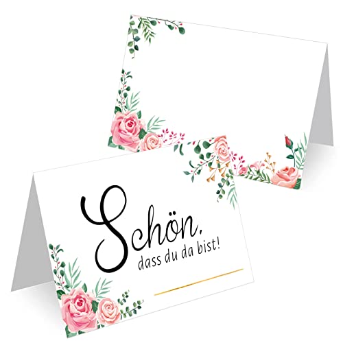 DPKOW 60 Stück Hochzeit Tischkarten mit Blumendesign, Schön DASS Du da Bist Platzkarten zum Beschriften Tischkarten für Geburtstag Konfirmation Taufe Hochzeit Namenskarten Namensschilder von DPKOW