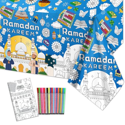 DPKOW 71 x 47 Zoll Ramadan Tischdecke zum Ausmalen, Ramadan Deko Eid Tischdeko Ramadan Basteln für Kinder Ramadan Eid Geschenk, Islam Deko Ramadan Kareem Tischdecke Eid Mubarak Poster, mit Farbstiften von DPKOW