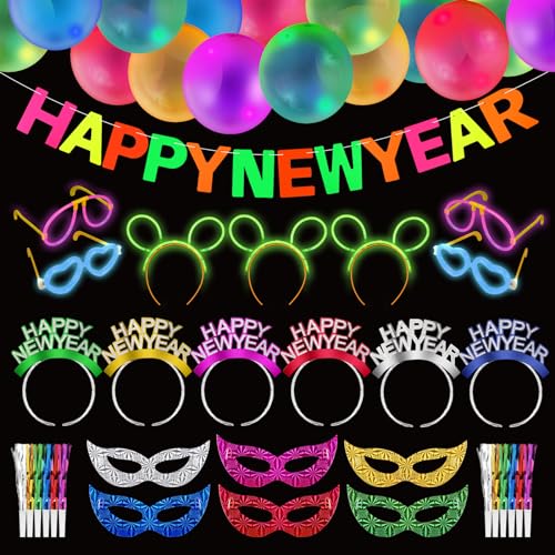 DPKOW 80+ Silvester Deko 2025 Knicklichter Party Set, Silvester Haarreif Happy New Year Girlande Leuchtstäbe Ballons Masken Tröten für Neon Party Deko Silvester 2025 Silvesterdeko Party Zubehör DPKOW 80+ Silvester Deko 2025 Knicklichter Party Set, Silvester Haarreif Happy New Year Girlande Leuchtstäbe Ballons Masken Tröten für Neon Party Deko Silvester 2025 Silvesterdeko Party Zubehör von DPKOW