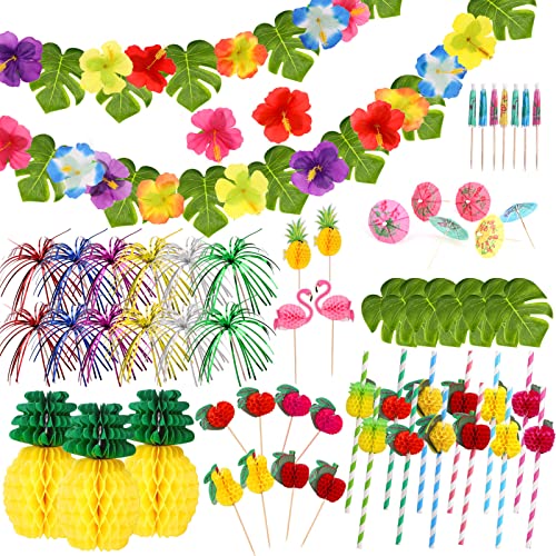 DPKOW 87Pcs Hawaii Tropical Party Dekorationen,Tropische Sommerparty,Hawaii Blumen,Palmenblätter,Papier Strohhalme,Cocktail Fruit Label,Papier Regenschirm Sticks für Getränke Sommer Party Drink Deko von DPKOW