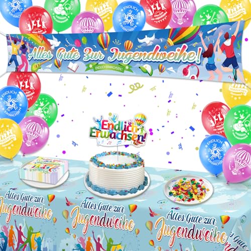 DPKOW Bunt Jugendweihe Party Set Mädchen Jungen, Alles Gute zur Jugendweihe Banner Luftballons Deko Jugendweihe Tischdecke Servietten Jugendweihe Tortendeko Konfetti Tischdeko Jugendweihe Zubehör von DPKOW