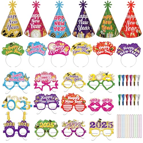 DPKOW Bunt Silvester Deko 2025 Silvester Haarreif Partyhüte Silvester Silvester Brille Halsketten Tröten für Deko Silvester Party 2025 Neujahrsdeko Silvester Accessoires für Silvesterdeko von DPKOW