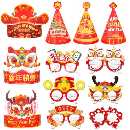 DPKOW 24 STK Chinesische Partybrille Hüte 2024, Chinesische Neujahrs Party Papier Brillenhüte Happy Chinese New Year Decoration 2024 Chinesische Neujahrs Partygeschenke Chinesische Foto Requisiten von DPKOW