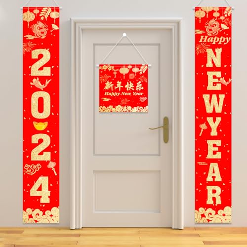 DPKOW Chinesisches Neujahr Couplets Tür Banner, 2024 Happy New Year Banner für Chinesische Neujahr Dekoration Jahr des Drachen, Willkommen Veranda Schild für Frühlingsfest Drinnen Draußen Deko von DPKOW