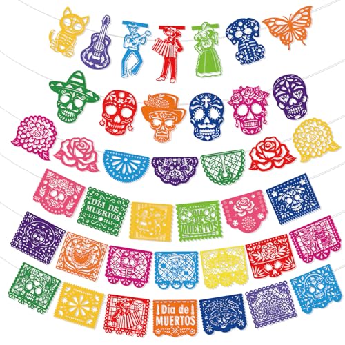DPKOW Deko Día de los Muertos Banner Mexikanische Tag der Toten Girlande Día de los Muertos Bunte Mexiko Totenkopf Banner für Tag der Toten Deko Halloween Zuckerschädel von DPKOW