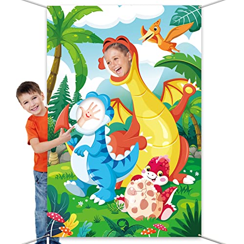 DPKOW Dinosaurier Foto Requisiten für Kinder Jungen, Lustiges Gesicht im Loch Fotobanner Dinosaurier Tür Banner für Jungen Dinosaurier Geburtstagsparty Deko, Groß Stoff Dinosaurier Hintergrund Deko von DPKOW