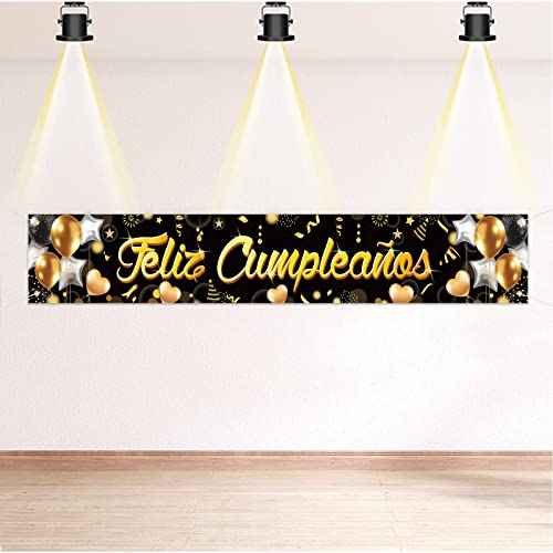 DPKOW Feliz Cumpleaños Pancarta Negro y ORO, Banner de Fondo Largo de Decoración de Cumpleaños Interior al Aire Libre, 265 * 35cm von DPKOW