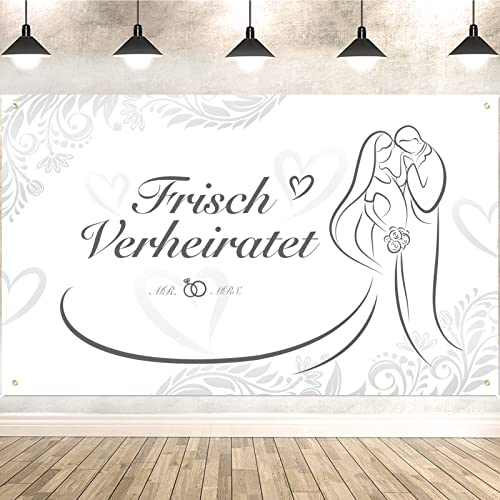 DPKOW Frisch Verheiratet Banner für Hochzeit Deko, Romantisch Just Married Banner für Hochzeit Innen Außen Deko, Mr & Mrs Banner für Haustür Garten Hochzeitsbogen Deko, 185 * 110cm von DPKOW