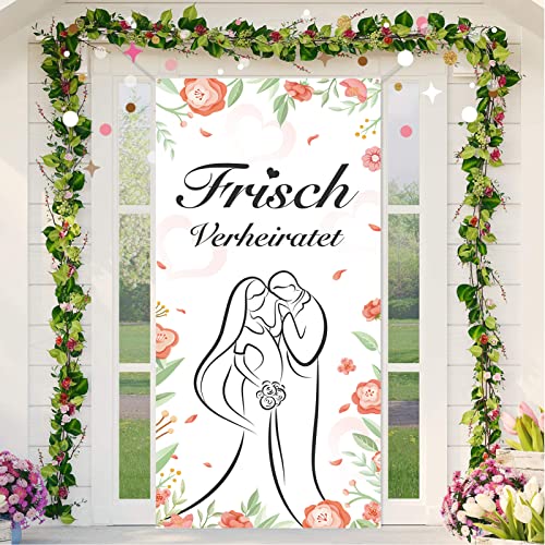 DPKOW Frisch Verheiratet Tür Banner für Hochzeit Dekoration, Blumen Blätter Brautpaar Banner für Hochzeit Tür Wand Deko, Hochzeit Hintergrund Garten Dekoration, Just Married Banner 185 x 90cm von DPKOW