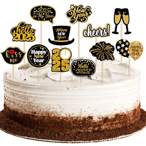 DPKOW 24 Stück Happy New Year Tortendeko 2025 Cupcake Topper Picks Muffin Deko Cake Topper für Silvester Deko 2025 Kuchen Deko Silvester Party Silvester Tischdeko von DPKOW