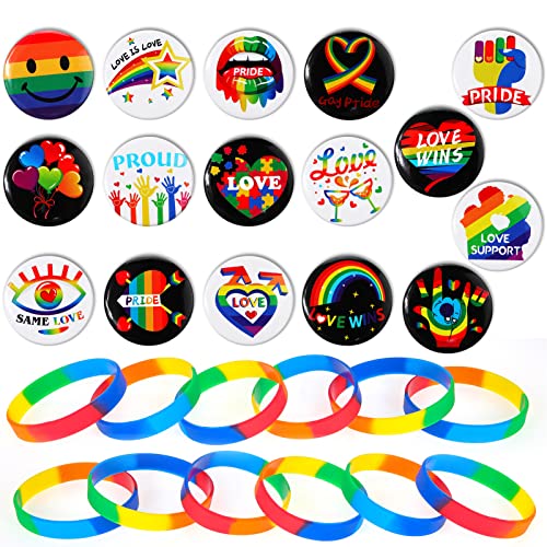 DPKOW Gay Pride Party Dekorationen LGBT Zubehör Kit Gay Pride Armband Button Pins Abzeichen für Party Paraden, Karneval, Festival, Märsche, Dekoration und Feier Gay Lesbian Liebe Geschenk, 28 Stück von DPKOW