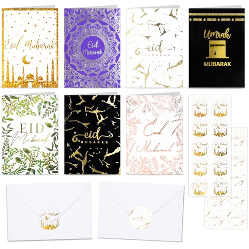DPKOW Glitzer Eid Karten, 14 Stk Eid Mubarak Grußkarten Eid Glückwunschkarten Umrah Mubarak Karten mit Umschlägen und Eid Mubarak Stickers, Laser Muslim Postkarten klappkarten Eid Geschenk Karten von DPKOW