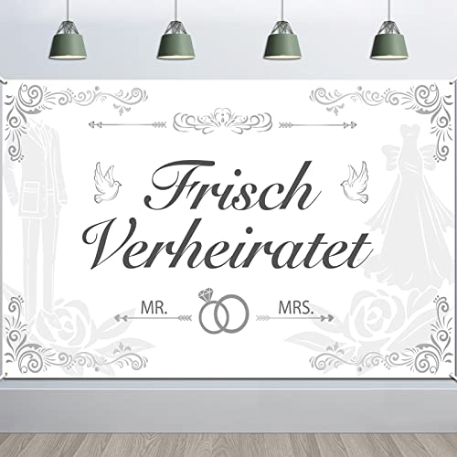 DPKOW Groß Frisch Verheiratet Banner für Hochzeit Dekoration, Mr und Mrs Banner für Garten Terrasse Wand Deko, Just Married Hintergrund 185 * 110cm DPKOW Groß Frisch Verheiratet Banner für Hochzeit Dekoration, Mr und Mrs Banner für Garten Terrasse Wand Deko, Just Married Hintergrund 185 * 110cm von DPKOW