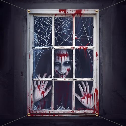 DPKOW Gruselige Halloween Banner für Tür Fenster Wand Spukhaus Deko Halloween Horror Weiblicher Geist Zombie Hintergrund Banner Unheimlich Tür Draußen Deko Requisiten, 120 * 80cm von DPKOW