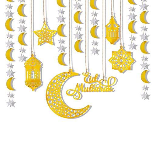 DPKOW Halbmond Stern Mond Hängedeko Weißes Gold Ramadan Eid Mubarak Luftschlangen Deckenhänger Stern Mond Banner Girlanden für Islamische Eid al-Fitr Heim Zimmer Deko Ornament Eid von DPKOW