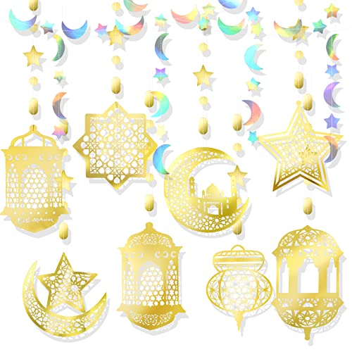 DPKOW Halbmond Stern Mond hängende Dekoration Ramadan Eid Mubarak Girlande Streamer muslimisches Eid Banner Anhänger Ornament Eid al-Fitr Home Room Dekorationen Deckentür Ornament Gold schillernd von DPKOW