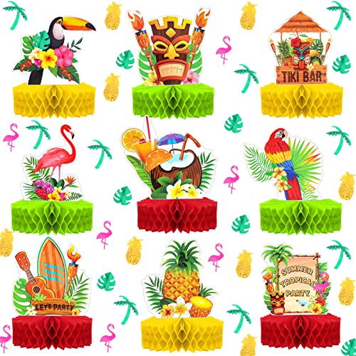 DPKOW Hawaii Tropische Party Tischdeko, 9 Stück Hawaii Luau Tiki Bienenwabe Mittelstück mit Hawaii Party Konfetti für Flamingo Palmblatt Kokosnuss Ananas Tischaufsätze Konfetti Dekorationszubehör von DPKOW