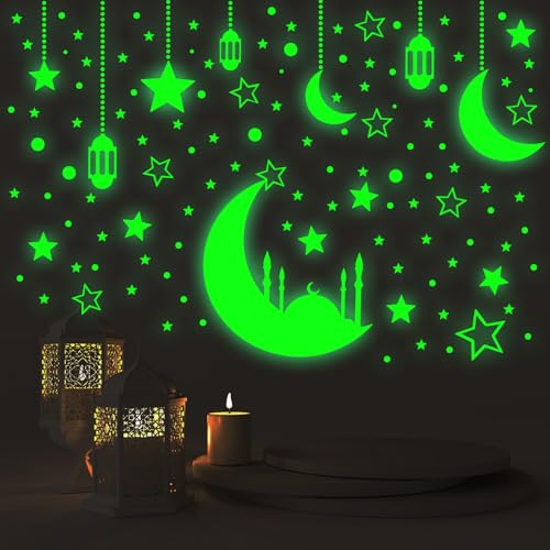 DPKOW Im Dunkeln leuchtende Aufkleber Mond Stern Moschee, 480+ Eid Wandsticker Ramadan Deko Wohnzimmer Zuhause, DIY Leuchtsterne Selbstklebende Eid Leuchtsticker Islamische Deko Ramadan Wanddekoration von DPKOW