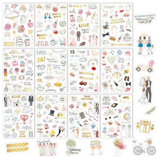 DPKOW JGA Sticker Hochzeit Gästebuch 12 Bögen, Fotoalbum Aufkleber JGA Hochzeit Scrapbook Bullet Journal Stickers Liebe Love Wedding Deko Hochzeit JGA Aufkleber Junggesellinnenabschied, Glitzer von DPKOW