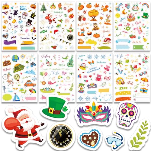 DPKOW Jahreszeiten Sticker Set 340+ Motive, Frühling Sommer Herbst Winter Scrapbook Sticker für Fotoalbum Bullet Journal Zubehör Deko,DIY Scrapbooking Aufkleber für Kinder Erwachsene Basteln Geschenke von DPKOW