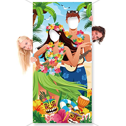 DPKOW Lustige Luau Paar Gesicht Spiel Banner für Hawaii Sommer Party Photo Booth Prop Accessoires, Tropische Luau Tiki Party Fotohintergrund deko Gastgeschenke für Hawaiian Tiki Bar, 185 * 90cm von DPKOW