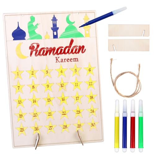 DPKOW Ramadan Kalender Kinder zum Ausmalen, Ramadan Countdown Kalender Holz Ramadan Adventskalender Eid Deko Ramadan Basteln für Kinder Ramadan Eid Geschenk Ramazan Dekor, mit Farbstiften und Seil von DPKOW