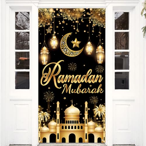 DPKOW Ramadan Mubarak Banner Ramadan Deko, Stoff Schwarz Gold Ramadan Mubarak Türbanner Ramadan Kareem Dekorationen Türwand Ramadan Fotohintergrund Ramadan Innen und Außendekoration, 185 * 90 cm DPKOW Ramadan Mubarak Banner Ramadan Deko, Stoff Schwarz Gold Ramadan Mubarak Türbanner Ramadan Kareem Dekorationen Türwand Ramadan Fotohintergrund Ramadan Innen und Außendekoration, 185 * 90 cm von DPKOW