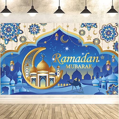 DPKOW Ramadan Mubarak Hintergrund Banner für Ramadan Dekoration, Großes Ramadan Mubarak Banner für Ramadan Heim Wand Dekoration, Muslimische Ramadan Innen Außen Dekoration, 185 * 110 cm von DPKOW
