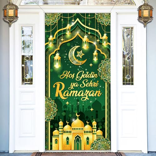 DPKOW Ramadan Deko Hosgeldin Ramazan Banner, Stoff Ramadan Banner für Eid Ramadan Tür Wand Dekoration, Hosgeldin Ramazan Tür Banner Ramadan Foto Hintergrund Dekoration Drinnen Draußen, 185 * 90cm von DPKOW