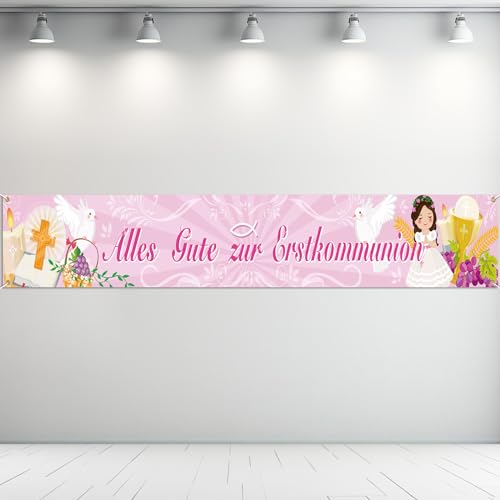 DPKOW rosa Alles Gute zur Erstkommunion Banner für Mädchen Kommunion Deko rosa, Mädchen Erstkommunion Deko rosa, Mädchen Erste Heilige Kommunion Deko für Innen Außen, 230 * 30cm von DPKOW