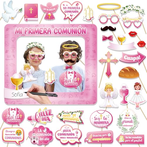 DPKOW Rosa Photocall Comunión Niñas Español 30pcs Accesorios Photocall Comunión Foto Props Fotomaton + Marco de Fotos Hinchable Fotocoll Primera Comunión Niñas Fiesta Accesorios Decoración von DPKOW