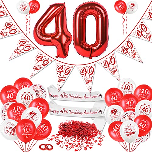 DPKOW Rubinhochzeit Deko Set für 40. Hochzeitstag, Rubinhochzeit Luftballons Schärpe 40. Hochzeitstag, Rubinhochzeit Wimpelkette Banner 40. Hochzeitstag, Folienballon Rot Zahl 40 Herz Konfetti von DPKOW