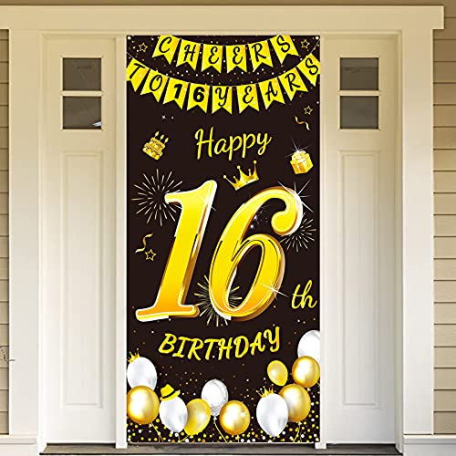 DPKOW Schwarz Gold 16. Geburtstag Dekoration für Junge Mädchen, Banner für Hintergrund Tür Deko, Garten Tisch Wand Deko, 185 x 90cm Stoff DPKOW Schwarz Gold 16. Geburtstag Dekoration für Junge Mädchen, Banner für Hintergrund Tür Deko, Garten Tisch Wand Deko, 185 x 90cm Stoff von DPKOW