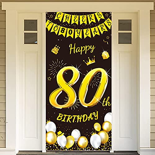 DPKOW Schwarz Gold 80. Geburtstag Dekoration für Mann Frau, Schwarz Gold 80. Geburtstag Banner für Hintergrund Tür Deko, 80. Geburtstag Tür Banner für Garten Tisch Wand Deko, 185 x 90cm Stoff von DPKOW