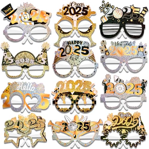 DPKOW Silvester Deko 2024 Neujahr Silvesterdeko Schwarz Gold Silber Silvester Brille Silvester Foto Requisiten für Silvester Deko 2024 Party Silvesterpartydeko Accessoire für Silvesterparty,24 Stück von DPKOW