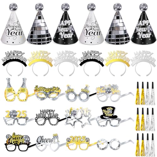 DPKOW Silvesterpartyzubehör 2025 Silvester Deko Silber Schwarz Gold Disco Silvesterpartyhüte Brillen Haarreif Happy New Year Foto Requisiten Silvester Accessoire Neujahrs Partyzubehör 2025, 36 STK DPKOW Silvesterpartyzubehör 2025 Silvester Deko Silber Schwarz Gold Disco Silvesterpartyhüte Brillen Haarreif Happy New Year Foto Requisiten Silvester Accessoire Neujahrs Partyzubehör 2025, 36 STK von DPKOW