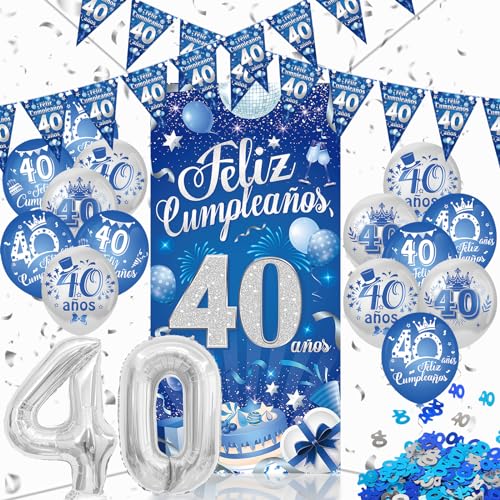 DPKOW Spanisch Blau Silber 40. Geburtstag Dekorationen für Männer, Happy 40th Birthday Triangle Banner Happy Birthday Wimpel Happy 40th Birthday Ballons Konfetti für Männer 40. Geburtstag Artikel von DPKOW