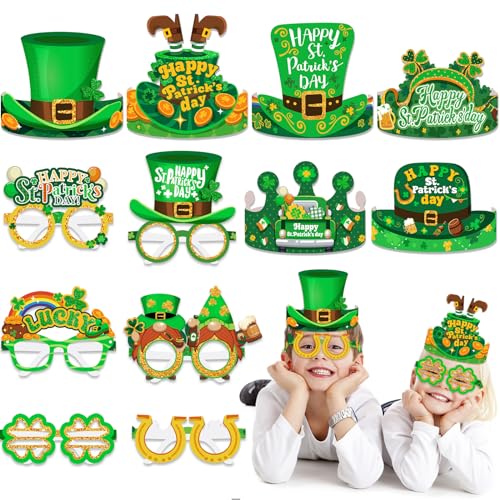 DPKOW St Patricks Day Accessories, 24pcs St.Patrick's Day Hat Glasses Paper Party St.Patrick's Day Party Favours Saint Patricks Day Accessories St Paddys Day Decorations St Patricks Day Irish Gifts von DPKOW