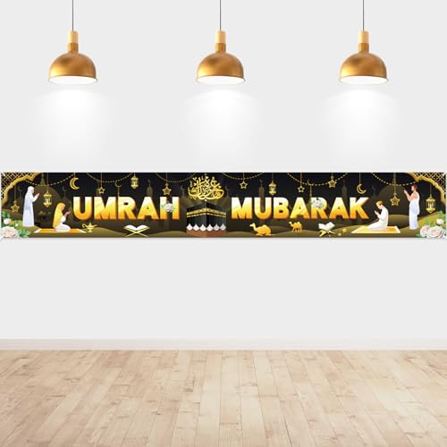 DPKOW Umrah Mubarak Banner Dekoration Schwarz und Gold, langes Banner für islamische muslimische Umrah Mubarak Dekoration für drinnen und draußen, عمرة مبارك Banner Dekoration, 270 * 40 cm DPKOW Umrah Mubarak Banner Dekoration Schwarz und Gold, langes Banner für islamische muslimische Umrah Mubarak Dekoration für drinnen und draußen, عمرة مبارك Banner Dekoration, 270 * 40 cm von DPKOW